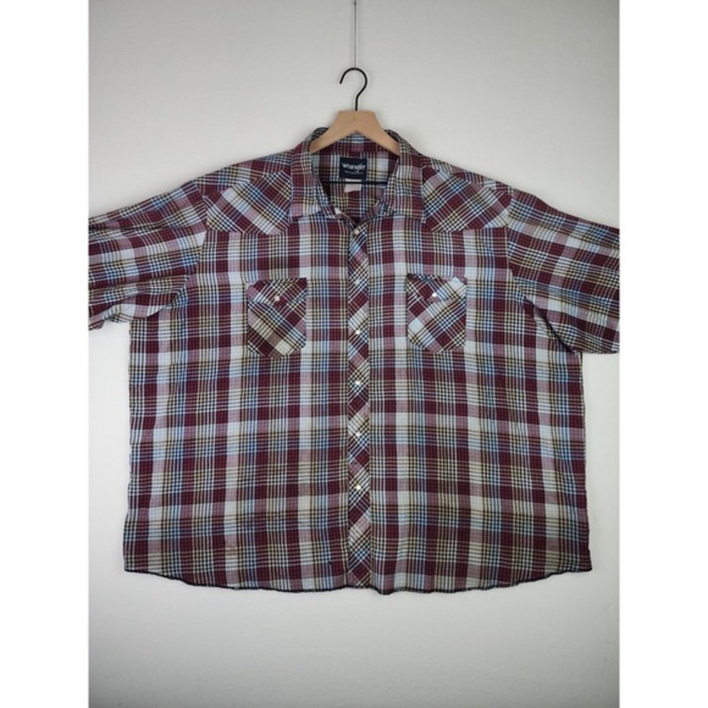 Wrangler Long Sleeve Shirt Mens‎ Size 2XL Pearl Snap Red/Blue Plaid Distressed